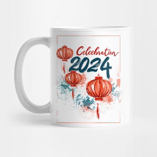 Red and Blue 2024 Celebration: Paintbrush Art of Chinese Lantern & Firework Mug